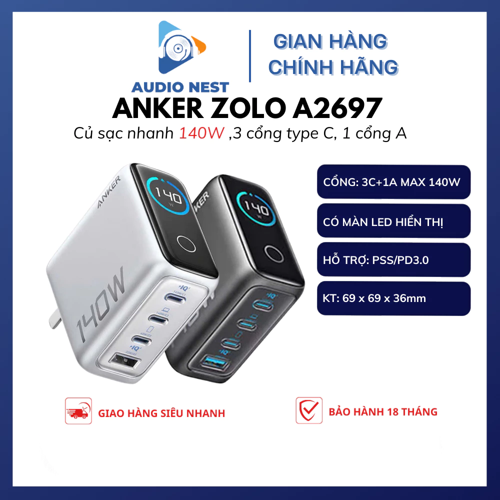 Sạc Nhanh Anker Zolo A2697 140W GaN Màn Hình LED PPS/PD3.0 3C+1A - Bảo Hành 18 Tháng.