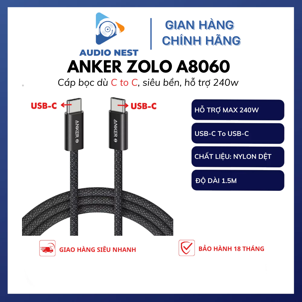 Cáp Sạc Anker Zolo Bọc Dù USB-C To USB-C 240w A8060 - Bảo Hành 18 Tháng