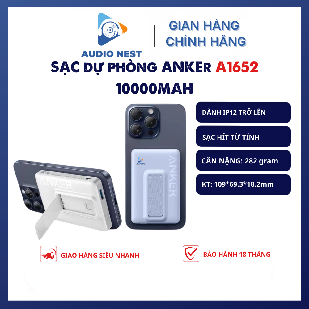 Sạc Dự Phòng Anker A1652 Hít Từ Tính, Có Gía Đỡ, Siêu Dính 20W 10000mAh - Bảo hành 18 tháng