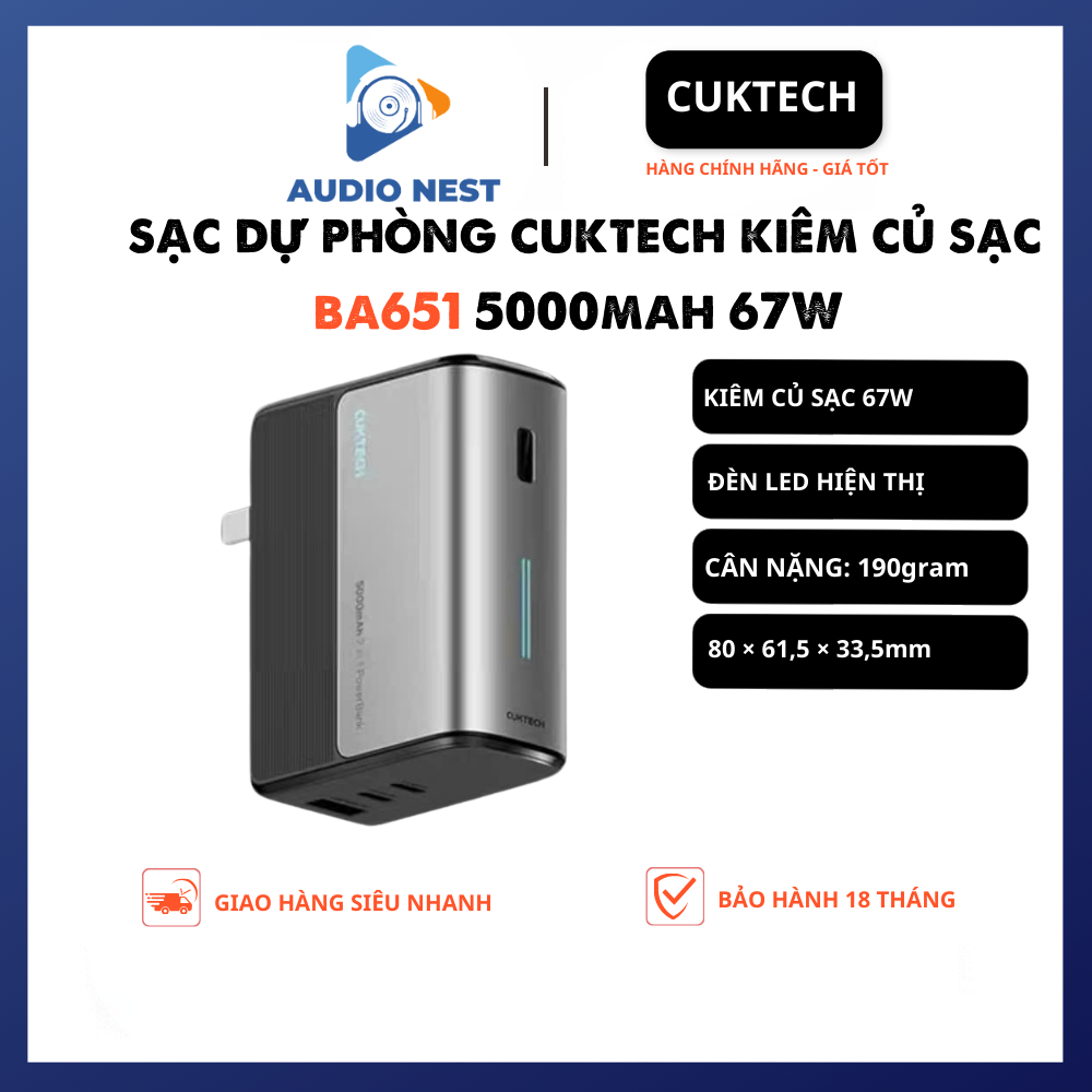 Pin Dự Phòng Kiêm Củ Sạc 67W 5000mAh Cuktech (BA651) - Bảo Hành 18 Tháng