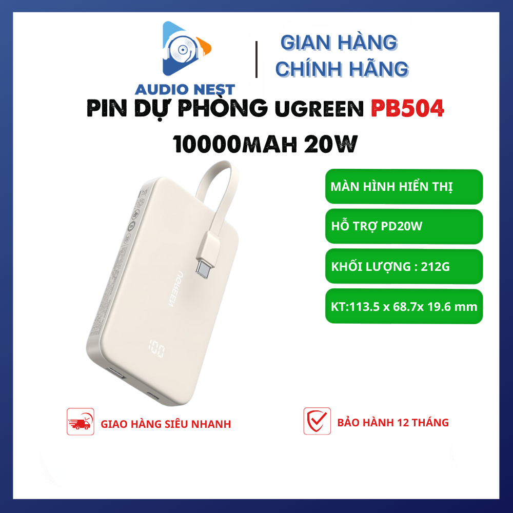 Pin Dự Phòng UGREEN Nexode PB504 10000mAh Tích Hợp Cáp Type - C PD 20W - Bảo Hành 12 Tháng.