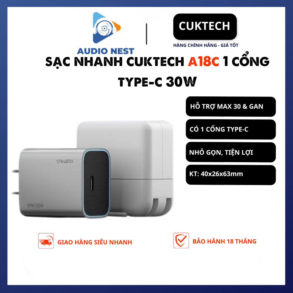 Sạc Nhanh Cuktech 30w Type - C Chính Hãng (A18C) - Bảo Hành 18 Tháng