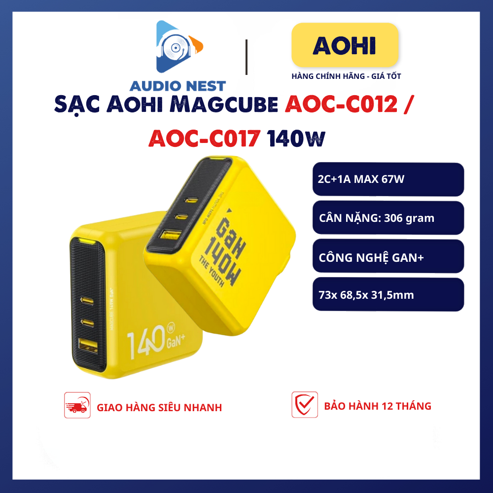 Cốc Sạc Aohi Magcube hiệu suất 140w mã hiệu AOC-C012/AOC-C017 (3 Cổng) hỗ trợ PD3.1/PPS/IQ4+ - Bảo hành 12 Tháng.
