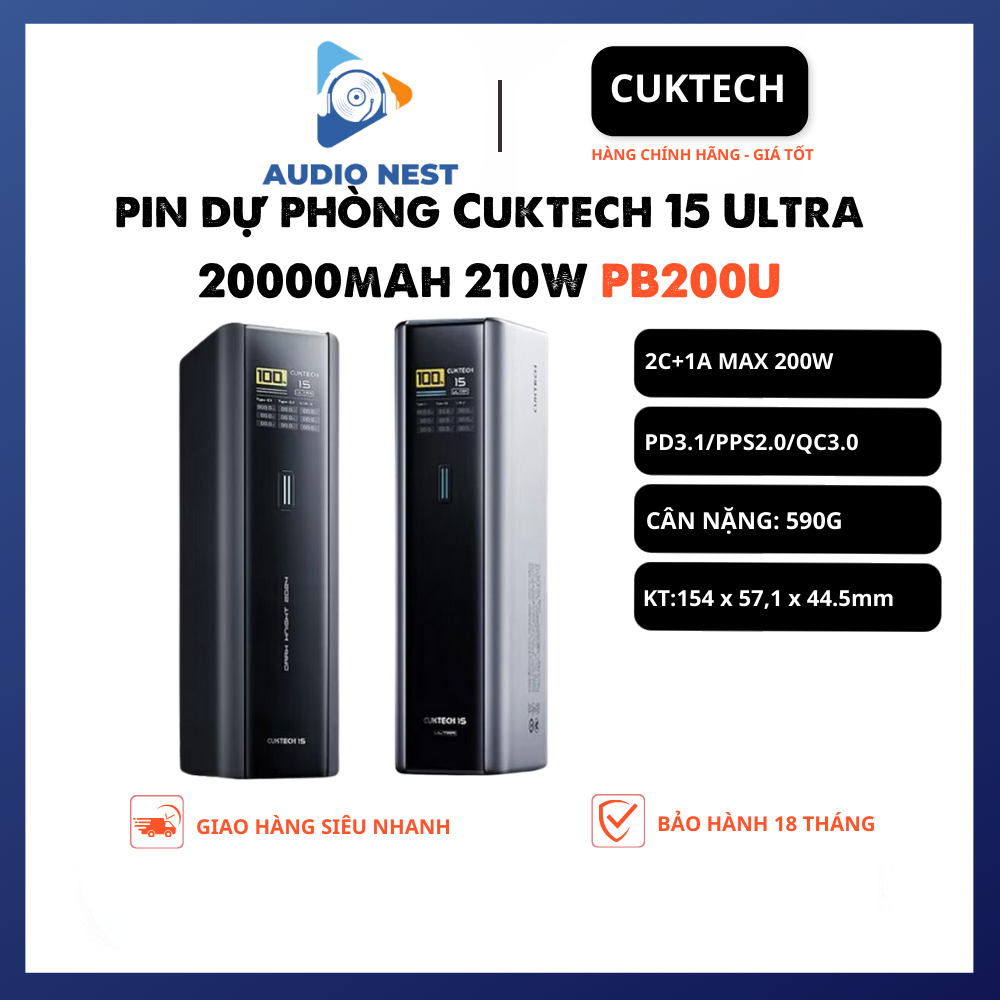 Sạc Dự Phòng Cuktech 210W (PB200U) 15 Ultra 20000mAh 15 Ultra 2C1A PD3.1 PPS2.0 Mi Turbro 120W - BH 18 Tháng.