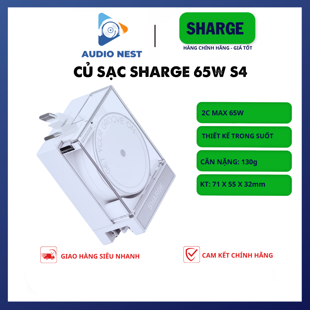 Củ Sạc Sharge S4 65w Tích Hợp Cáp Type C - Bảo Hành 6 Tháng