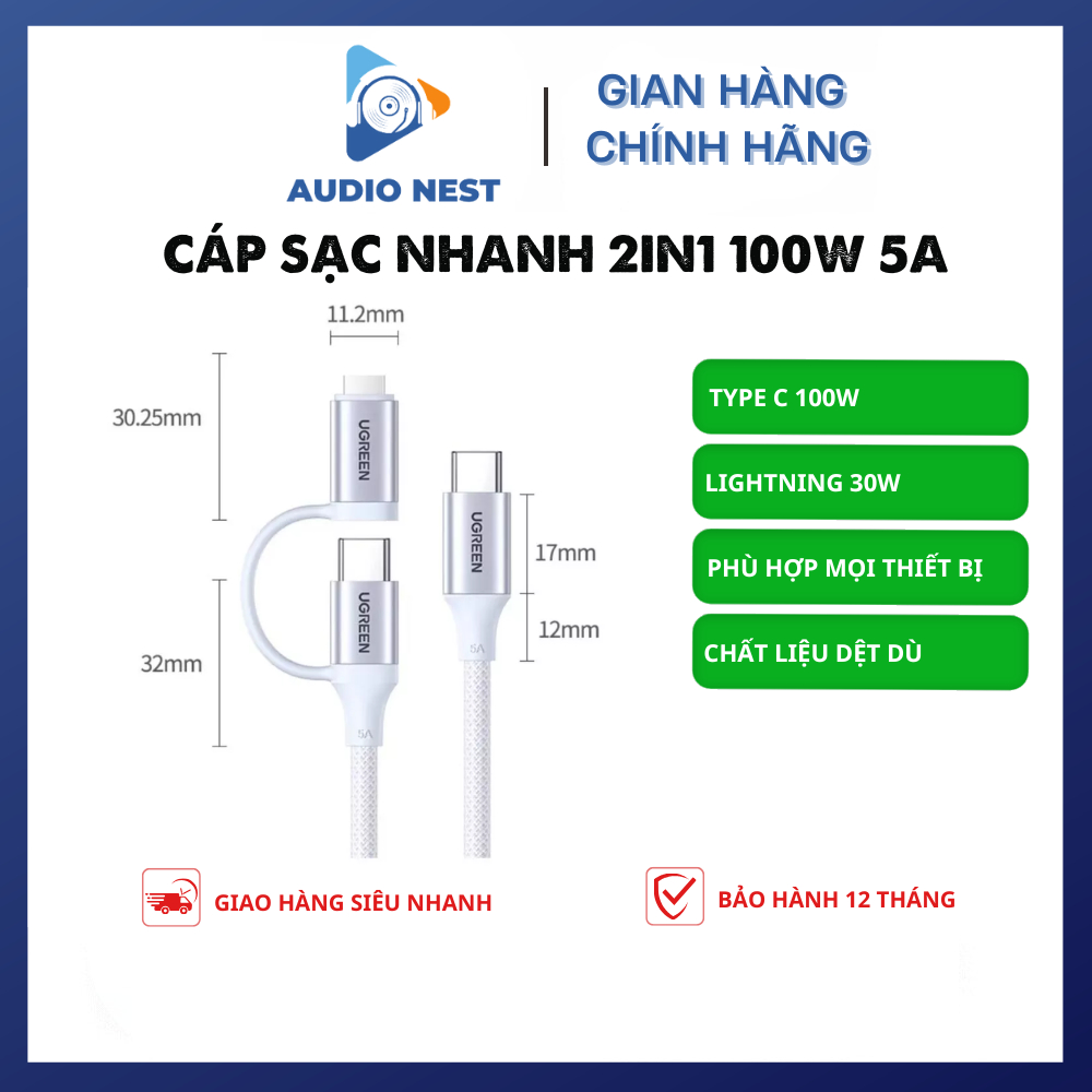Cáp Sạc Ugreen 2 Trong 1 C to C / C to L (L702) 100W 5A - Bảo Hành 12 Tháng