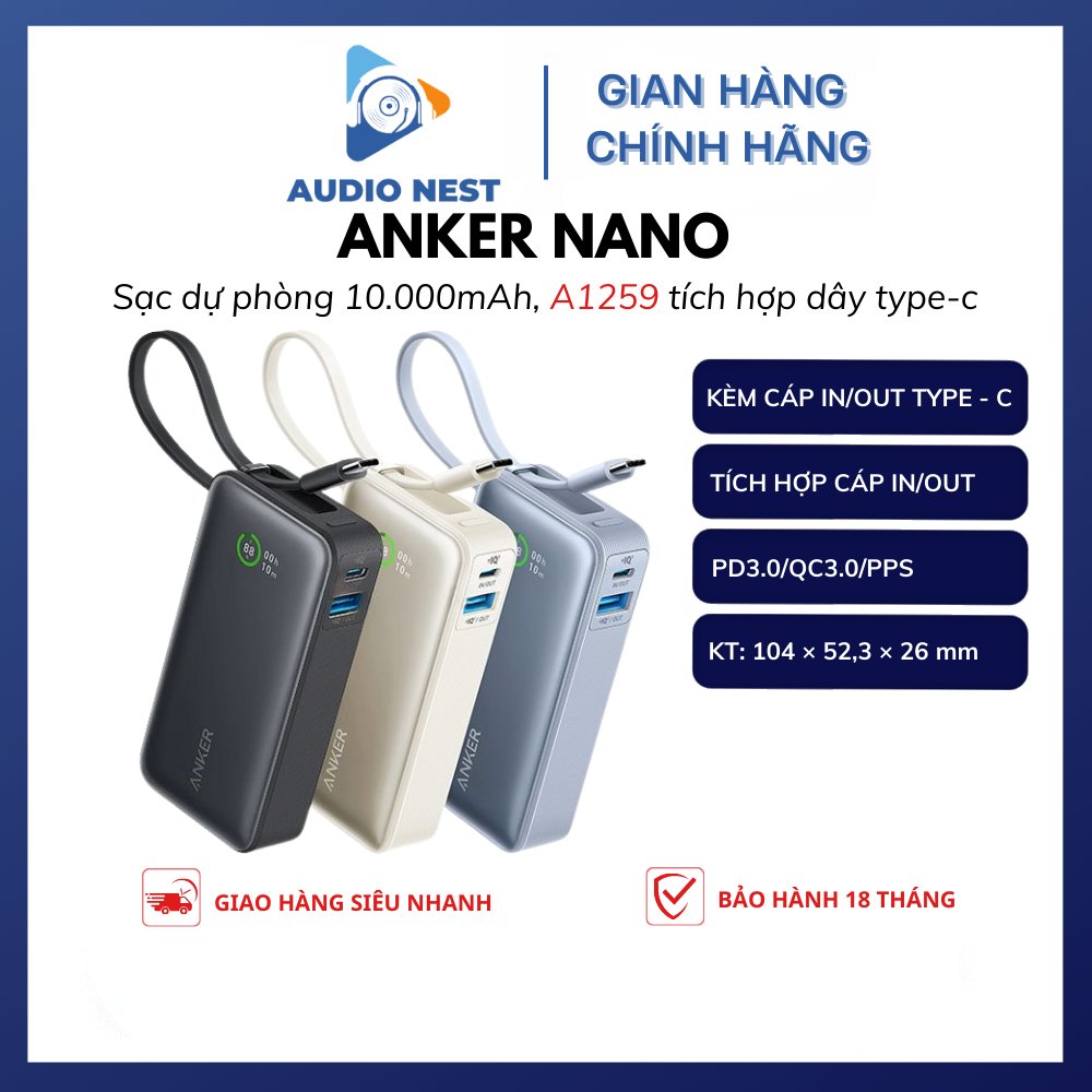 Sạc Dự Phòng Anker Nano A1259 sạc nhanh 10000mAh 30W kèm cáp type C in/out, tương trợ PD PPS QC- BH 18 tháng