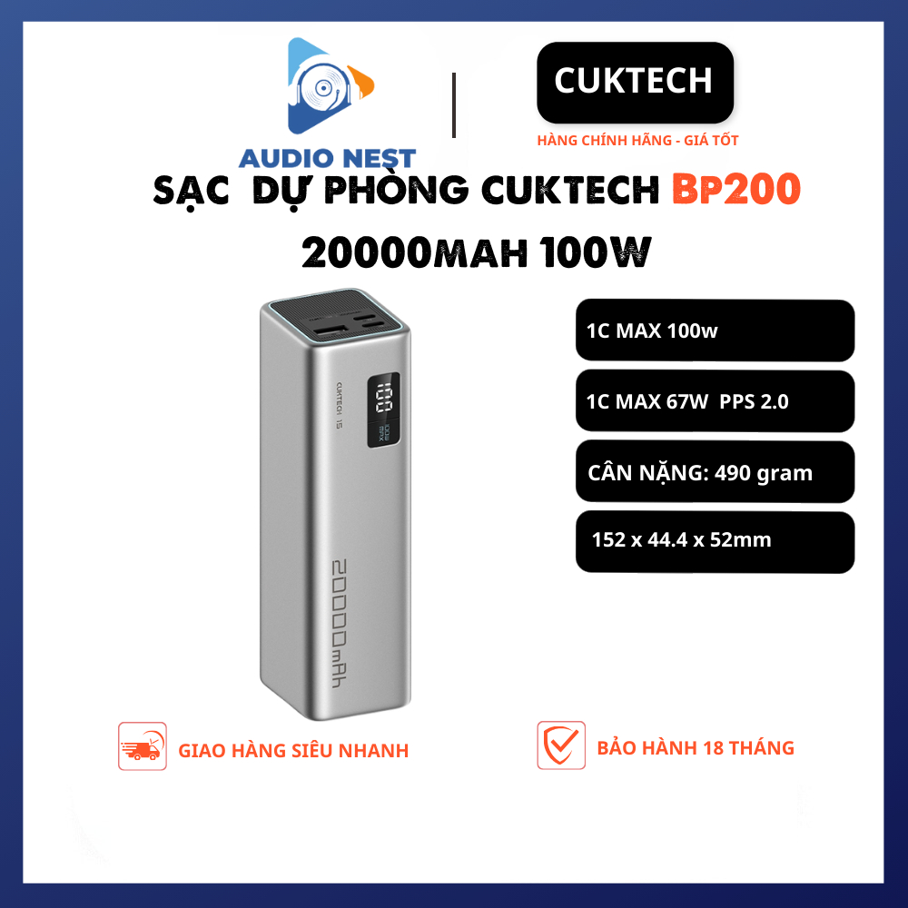 Sạc Dự Phòng Cuktech 20000mAh 100W (PB200) 2C1A PPS5A QC Mi Turbro - Bảo Hành 18 Tháng