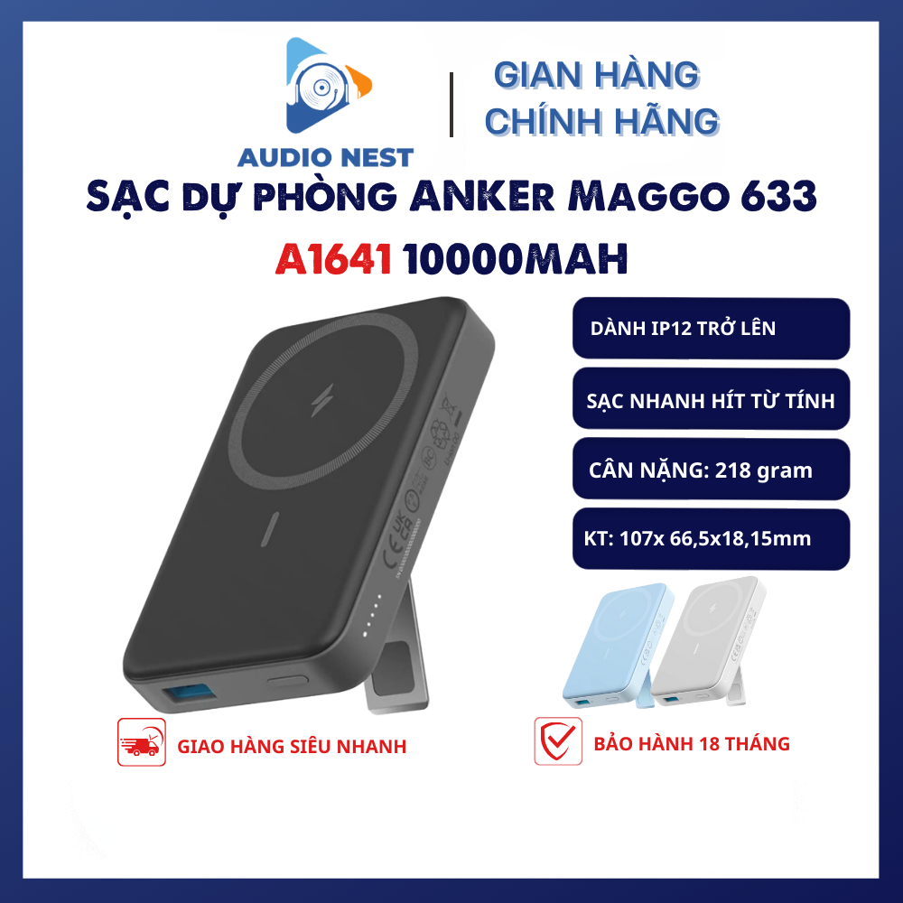 Sạc Dự Phòng Anker MagGo 633 Sạc nhanh hít từ tính, có giá đỡ A1641 10.000mah 20W - Hít Từ Tính Bảo hành 18 Tháng