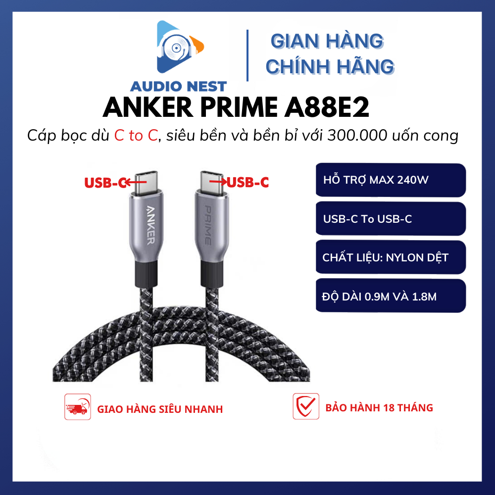 Cáp Sạc Anker Prime C To C 240w Bọc Dù A88E2 - Bảo Hành 18 Tháng
