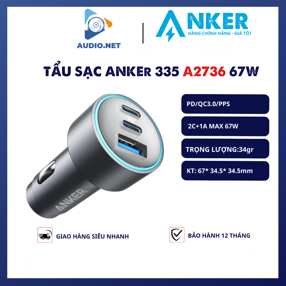 Tẩu sạc xe hơi Anker 335 A2736 67W cổng USB-C hỗ trợ PD, PPS với PIQ 3.0, 3 cổng nhỏ gọn, tiện lợi