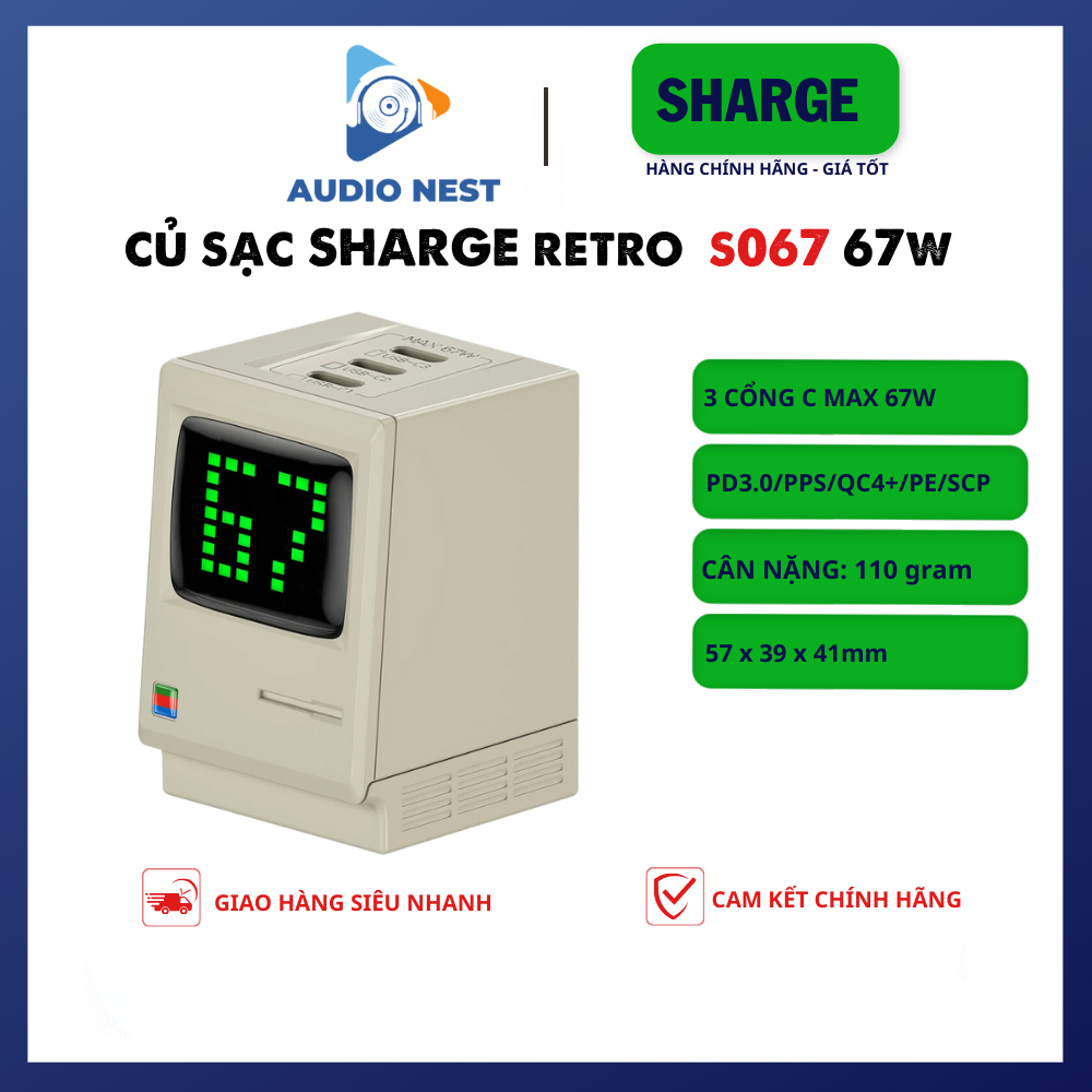 Củ Sạc Nhanh Retro 67W Sharge/Shargeek (S067) 3 Cổng PD/PPS/QC/SCP/FCP/PE - Bảo Hành 12 Tháng