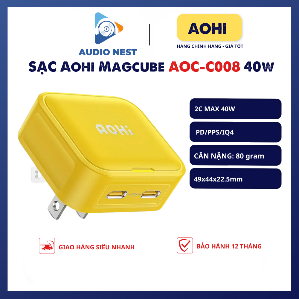 Củ sạc nhanh Aohi Magcube PD 40W/AOC-C008 (2 Cổng) hỗ trợ PD/PPS/IQ4 hàng xịn - Bảo Hành 12 Tháng (AOC-C008)