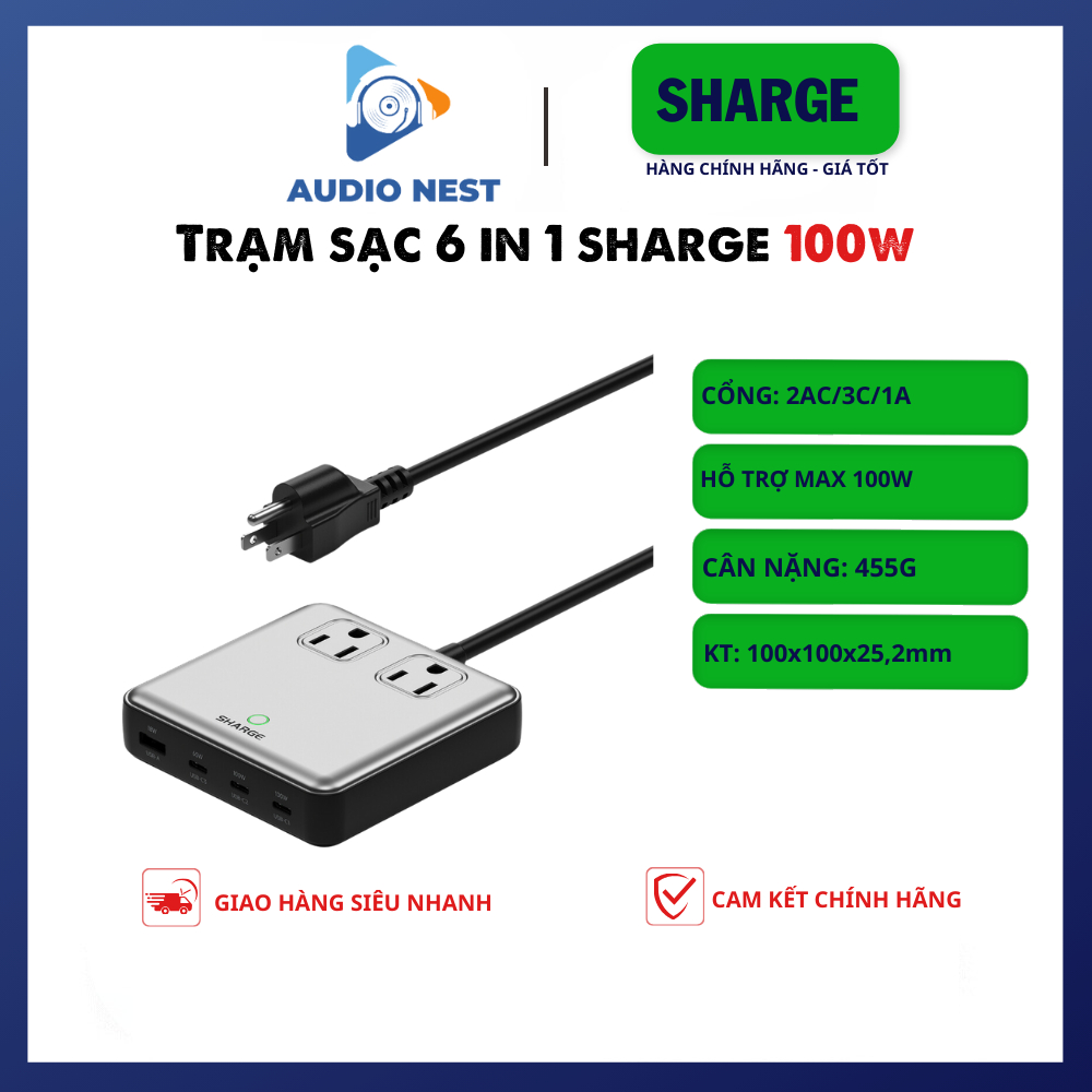 Trạm Sạc Nhanh Sharge/shargeek 6 trong 1, 100W bao gồm 2 cổng AC, 3 cổng type C, 1 cổng A - Bảo Hành 6 Tháng.