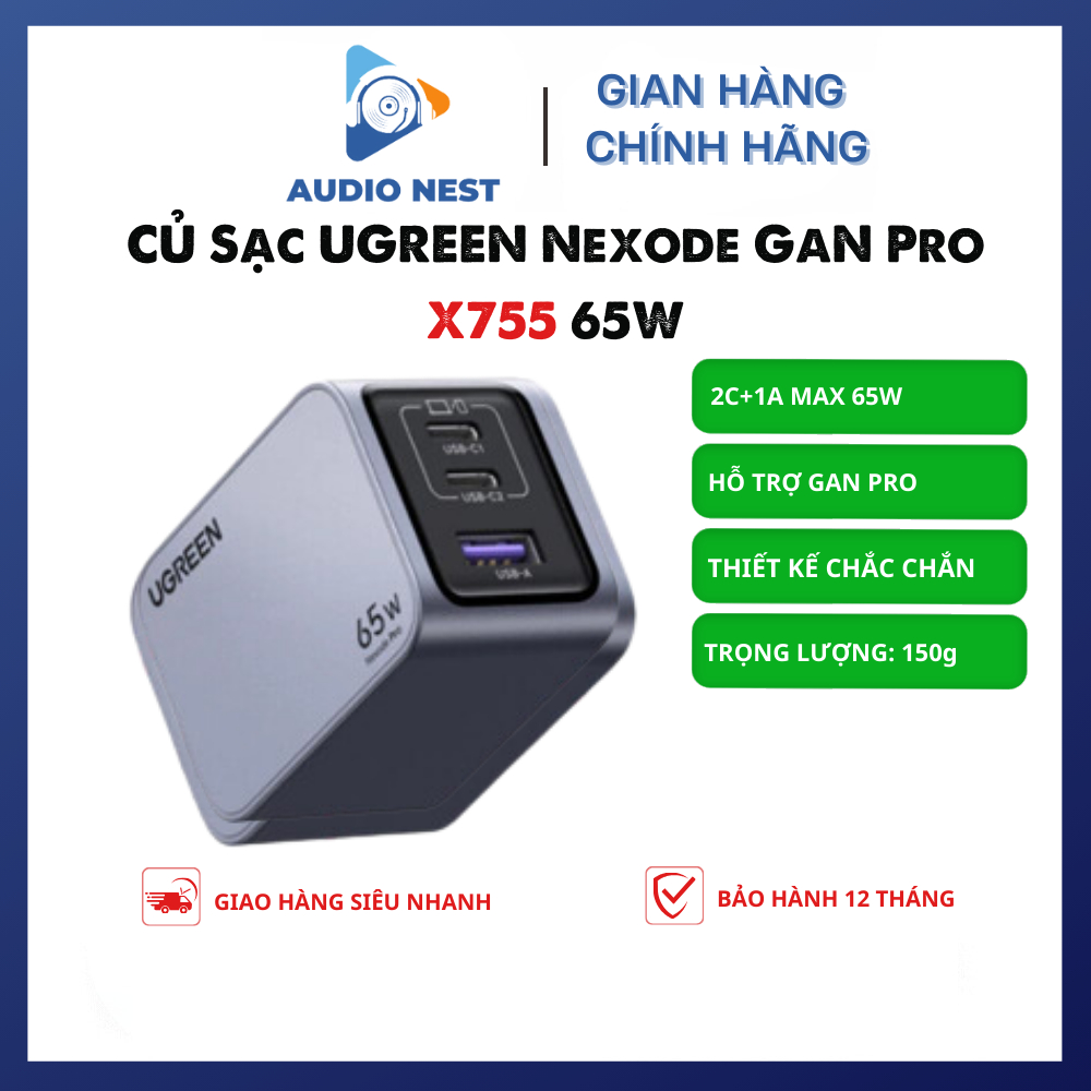 Củ Sạc UGREEN 65W Nexode GaN Pro X755 3 Cổng Chính Hãng- Bảo Hành 12 Tháng