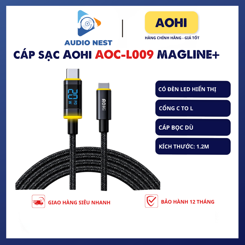 Cáp Aohi bọc dù Magline Pro+ C To L 1.2m hiệu suất 27w mã hiệu AOC-L009 Có Màn Hình hiển thị - BH 12 Tháng