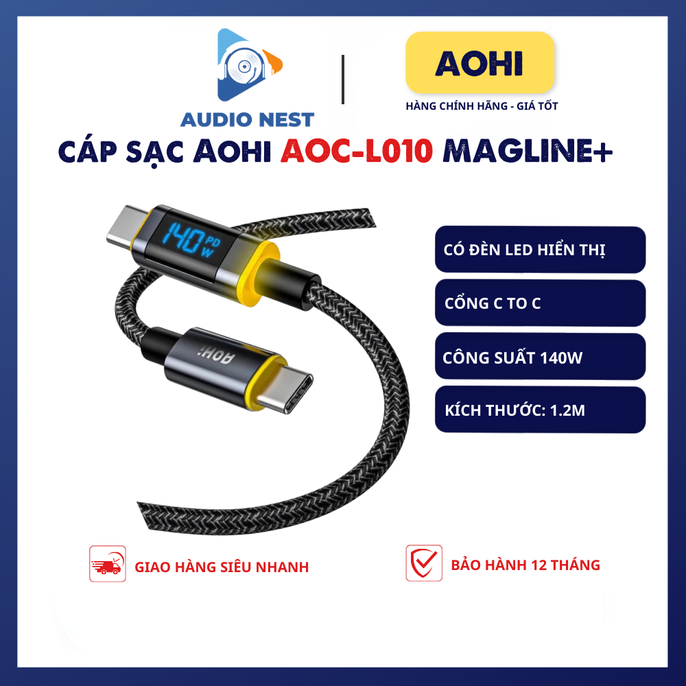 Cáp Aohi Bọc Dù Magline Pro+ C To C hiệu suất 140w mã hiệu AOC-L010 dài 1.2m Có Màn hình hiển thị - bảo hành 12 Tháng