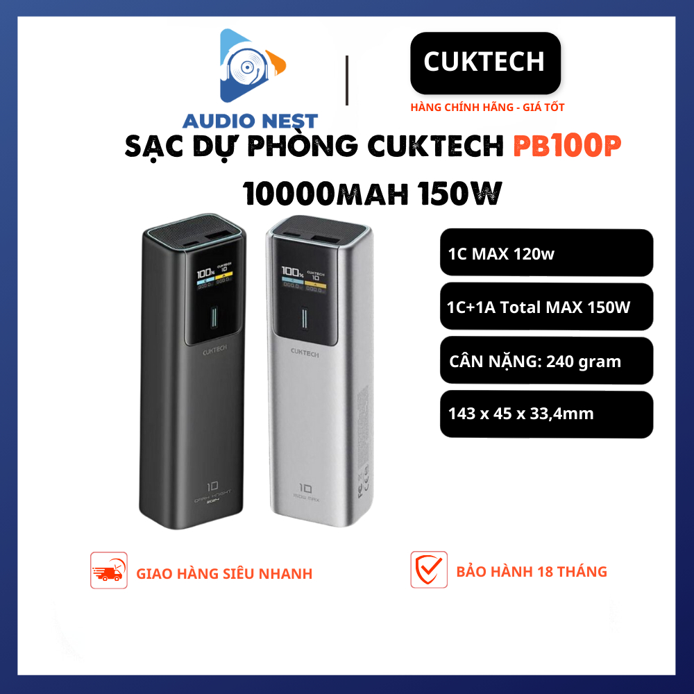 Sạc Dự Phòng Cuktech Mi Turbro 120W (PB100P) 10000mAh 1C1A 150W PD 3.0 PPS5A QC - BH 18 THÁNG