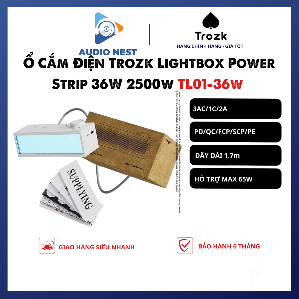Ổ Cắm Điện 36w Trozk Lightbox Power Strip 2500w (TL01-36w) 3AC 1C 2A PD/QC/FCP/SCP/PE - (Bảo Hành 6 Tháng)
