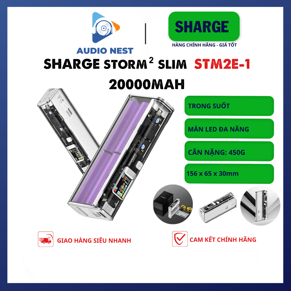 Pin Sạc Dự Phòng Màn Hình LED SHARGE/Shargeek STORM 2 Slim 20000mah hỗ trợ 130w có 2 Cổng - BH 6T (STM2E-1)