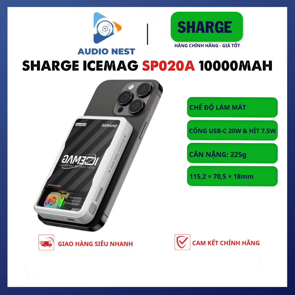 Sạc Dự Phòng SHARGE ICEMAG 10000mAh 20W SP020A RGB, Hít Từ Tính, Sạc Không Dây - Chính Hãng