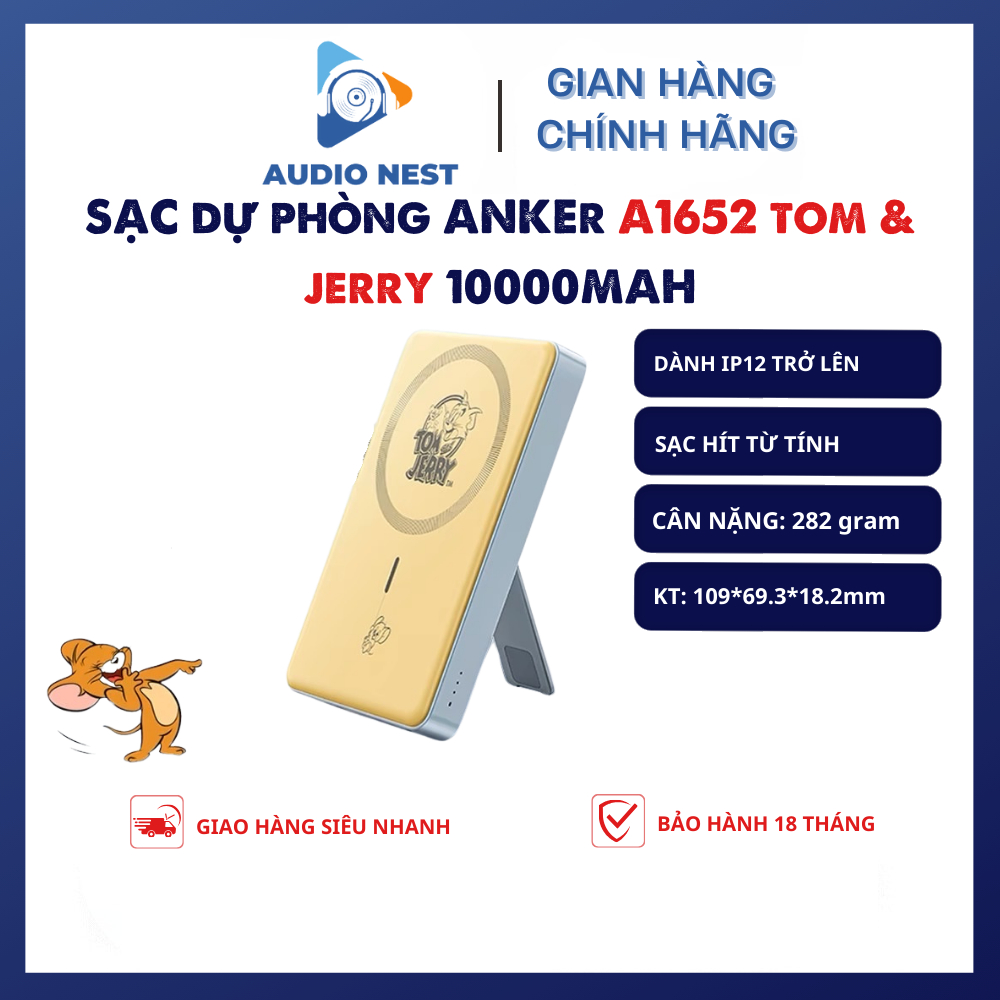 Sạc Dự Phòng Anker A1652 Tom & Jerry 10000mAh, Sạc Không Dây Siêu Dính 20W - Bảo hành 18 tháng.