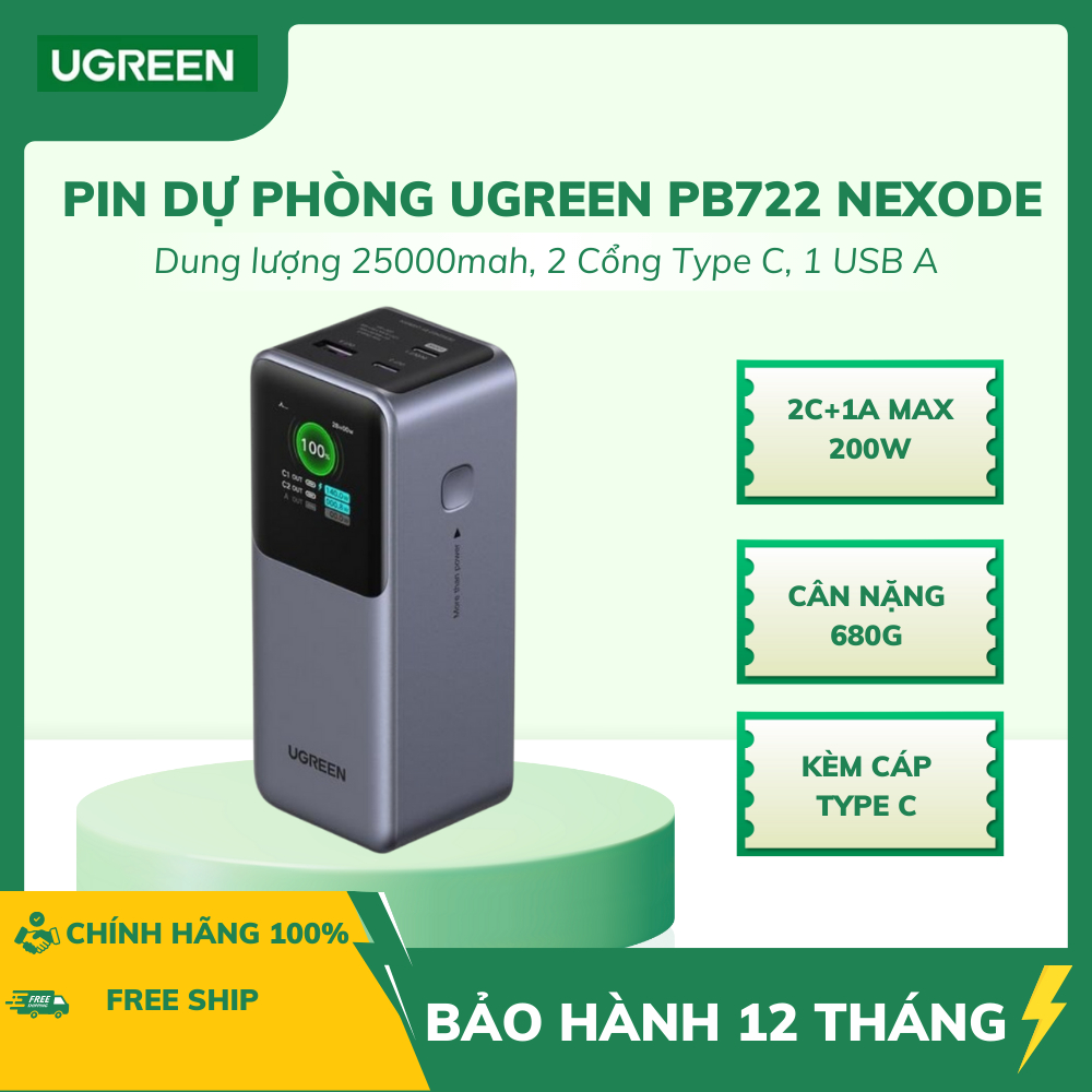 Pin Dự Phòng UGREEN 200W Nexode PB722 25000mAh Hỗ Trợ UFC/ PD/ PPS/ QC/ SCP - Bảo Hành 12 Tháng.