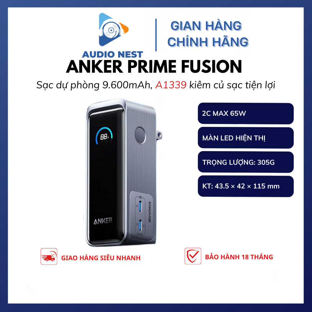 Pin Dự Phòng Kiêm Củ Sạc Anker Prime Fusion 9600mAh 65w GaNPrime A1339 - Bảo Hành 18 Tháng.
