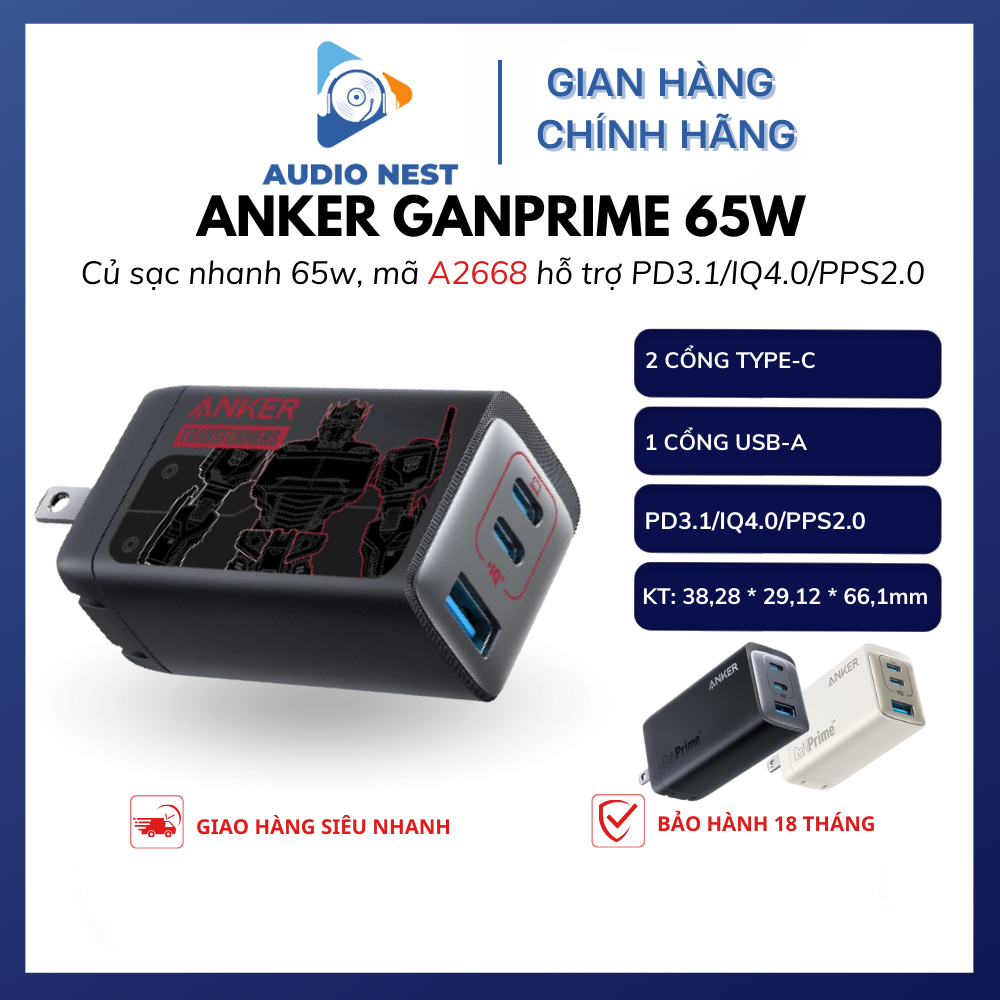 Củ sạc nhanh Anker 735 mã hiệu A2668 GaNPrime xịn hiệu suất 65W 2C 1A - Bảo hành 18 tháng