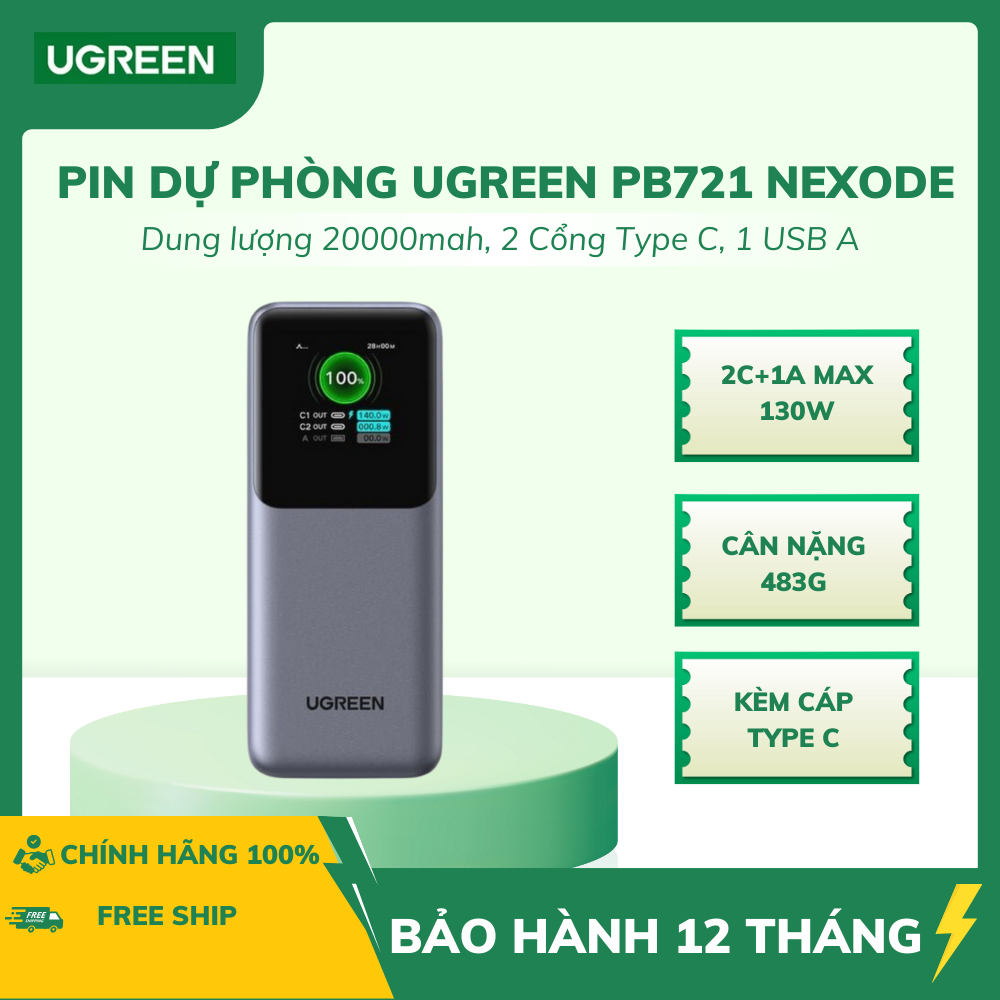 Pin Dự Phòng UGREEN 130W Nexode PB721 20000mAh Hỗ Trợ PD3.1/PSS/QC3.0 - Bảo Hành 12 Tháng
