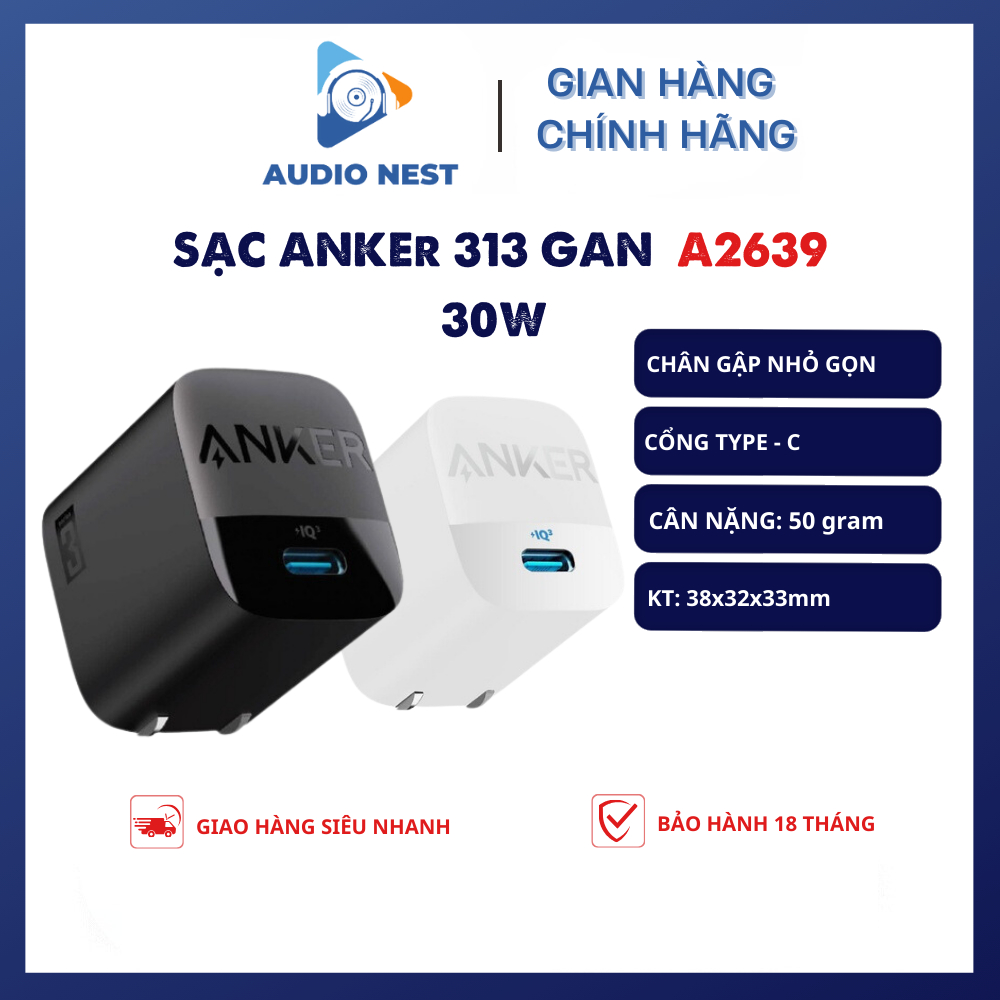 Củ Sạc Nhanh Anker A2639 313 Chân Gập 30W hỗ trợ IQ3.0/PD/PPS - (Bảo Hành 18 T)