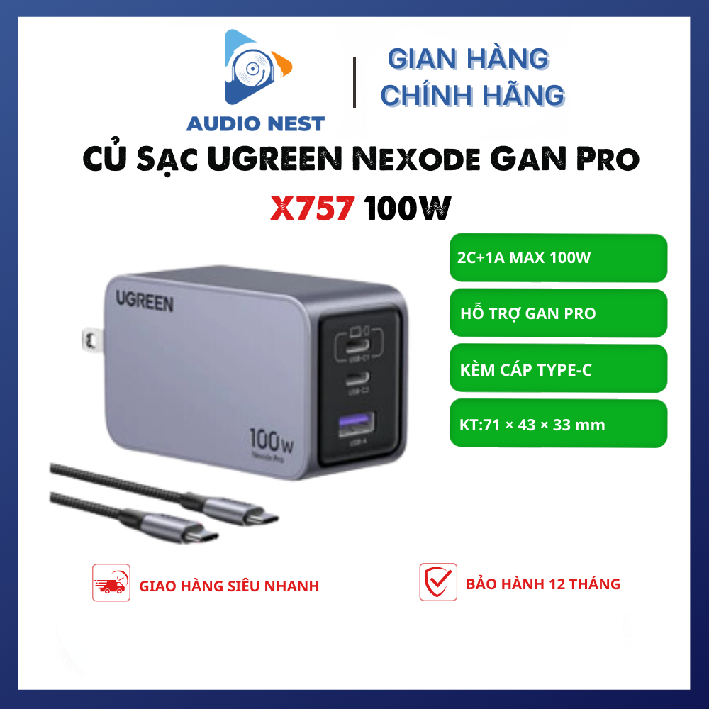 Củ Sạc UGREEN 100W Nexode Pro GaN X757 3 Cổng PD/PPS/QC Chính Hãng - Bảo Hành 12 Tháng.