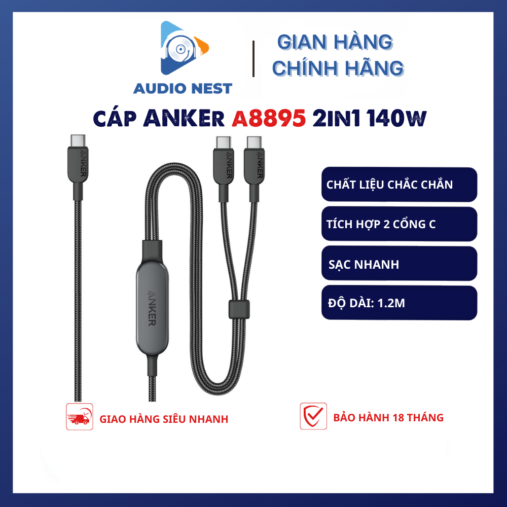 Cáp Sạc Anker 2 in 1 C to C Dài 1,2m Hỗ Trợ 140w A8895 - Bảo Hành 18 Tháng.