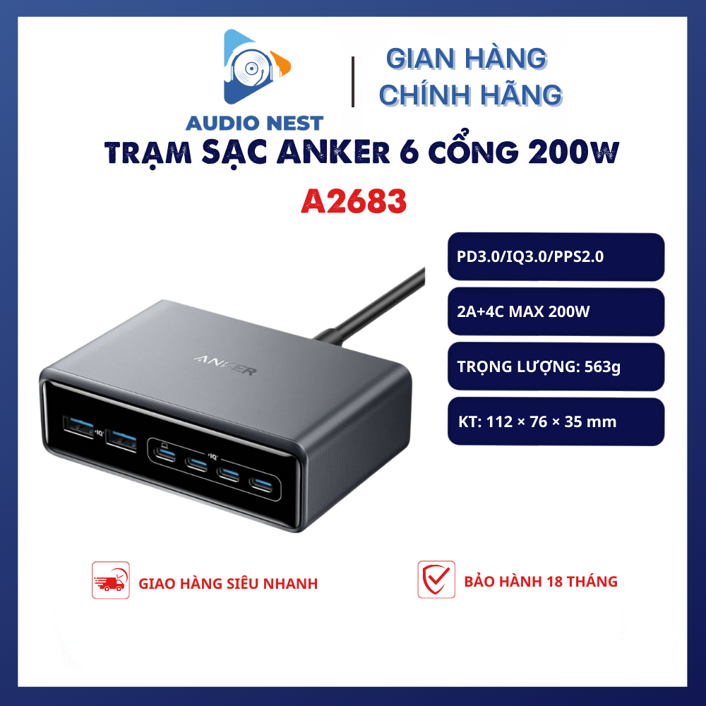 Trạm Sạc Anker 200w 6 Cổng GaNPrime A2683 2A+4C - Bảo Hành 18 Tháng