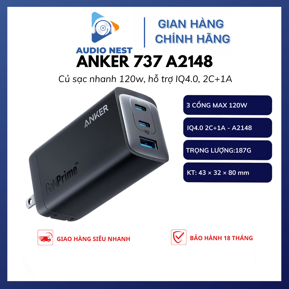 Củ sạc ANKER 737 GaNPrime hỗ trợ PD / PPS 120W 3 cổng 2C + 1A mã A2148 - Bảo hành 18 tháng.