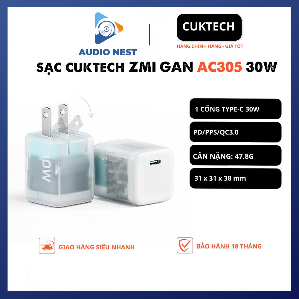 Sạc Nhanh Cuktech 30W (AC30S) Cổng Type C, Phiên Bản Trong suốt, Tiện Lợi PD/PPS/QC3.0 - Bảo Hành 18 Tháng