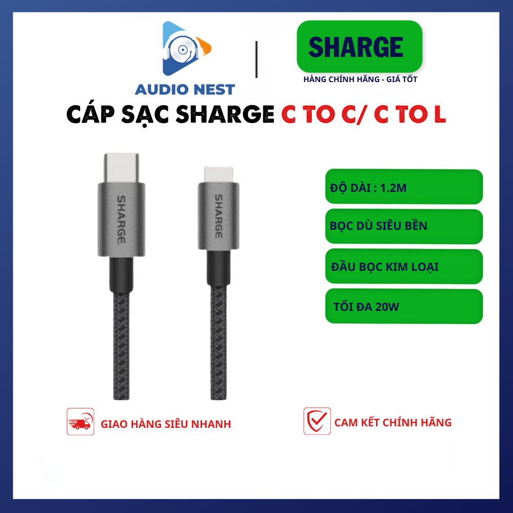 Cáp Dù Sharge/Shargeek C To L/ C To C chiều dài 1.2M - Bảo hành 6 tháng