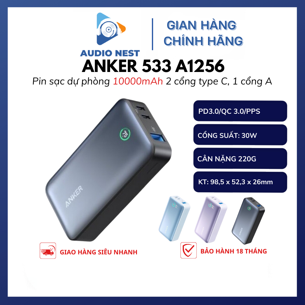 Sạc nhanh dự phòng Anker 533 tiêu chuẩn 10000mAh 30w 3 Cổng - A1256 Bảo Hành 18 Tháng