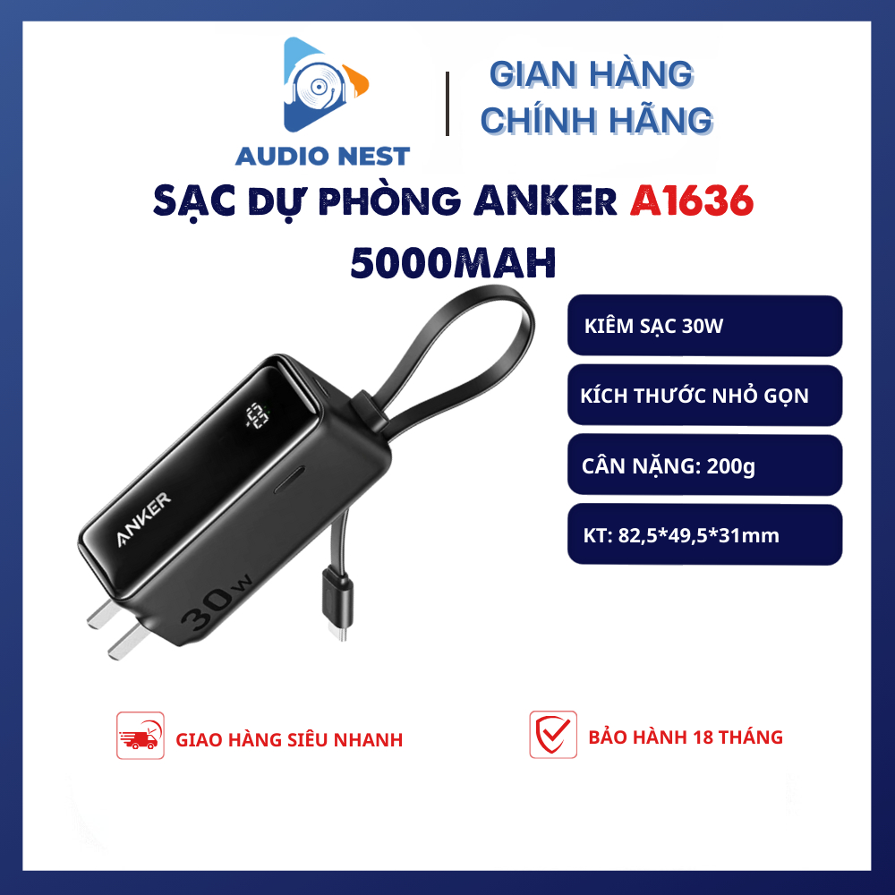 Sạc Dự Phòng Anker A1636 Kèm Sạc Nhanh 30W 22.5W Type C tích hợp, màn hình hiển thị, Bảo hành 18 tháng.