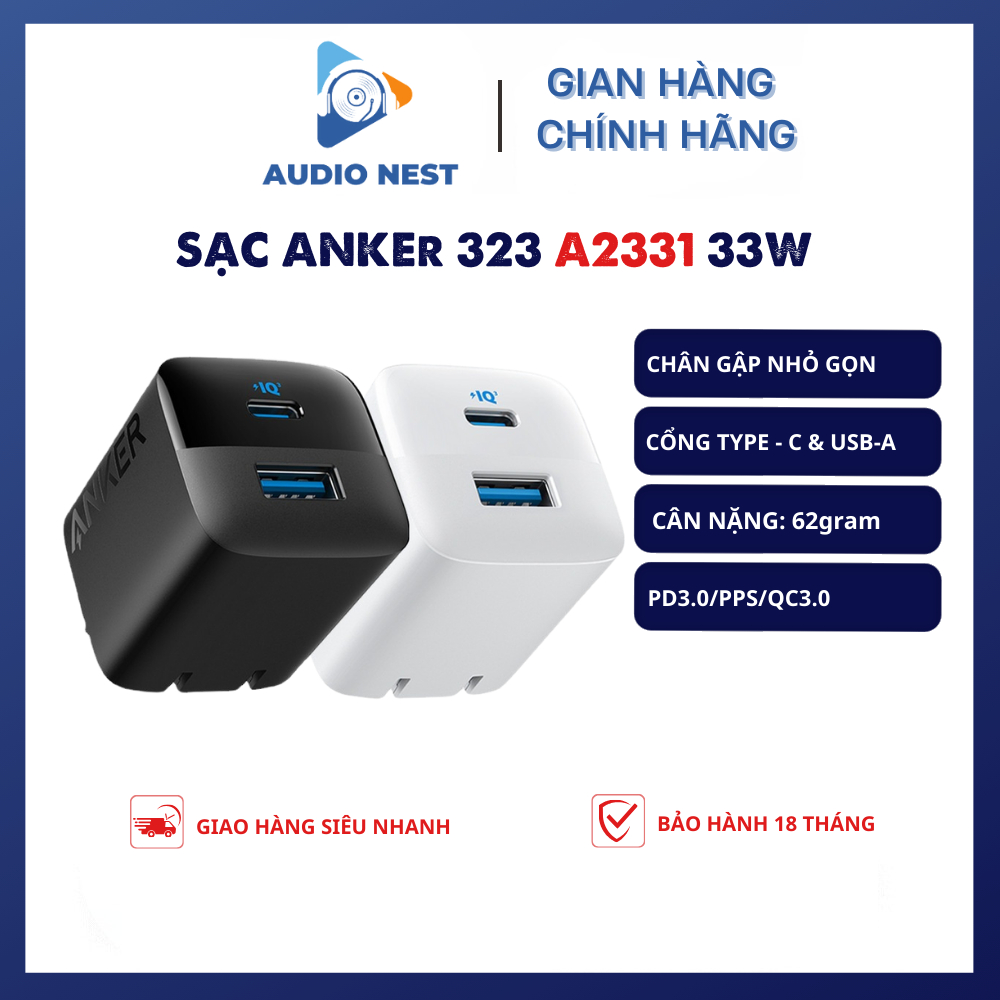 Củ Sạc Anker PD A2331 2 Cổng 33W hỗ trợ IQ3.0/PD3.0/QC3.0/PPS Chân Gập - Bảo Hành 18T