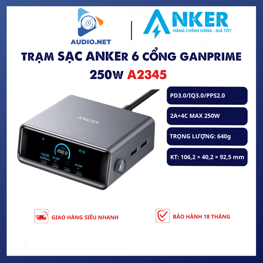 Bộ Sạc Anker A2345 250W 6 Cổng GaNPrime - Bảo Hành 18 Tháng