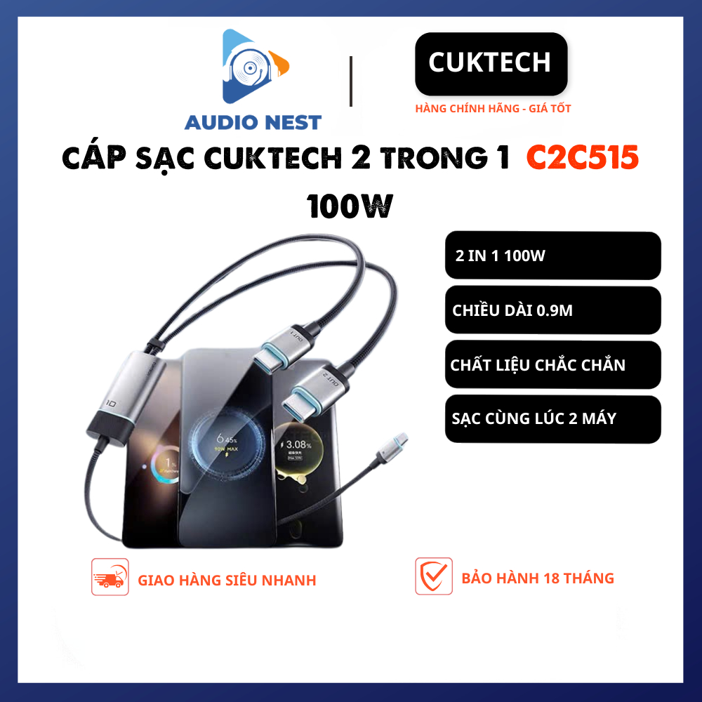 Cáp Tích Hợp Cuktech C2C515 2 Trong 1 100W - Bảo Hành 18 Tháng.