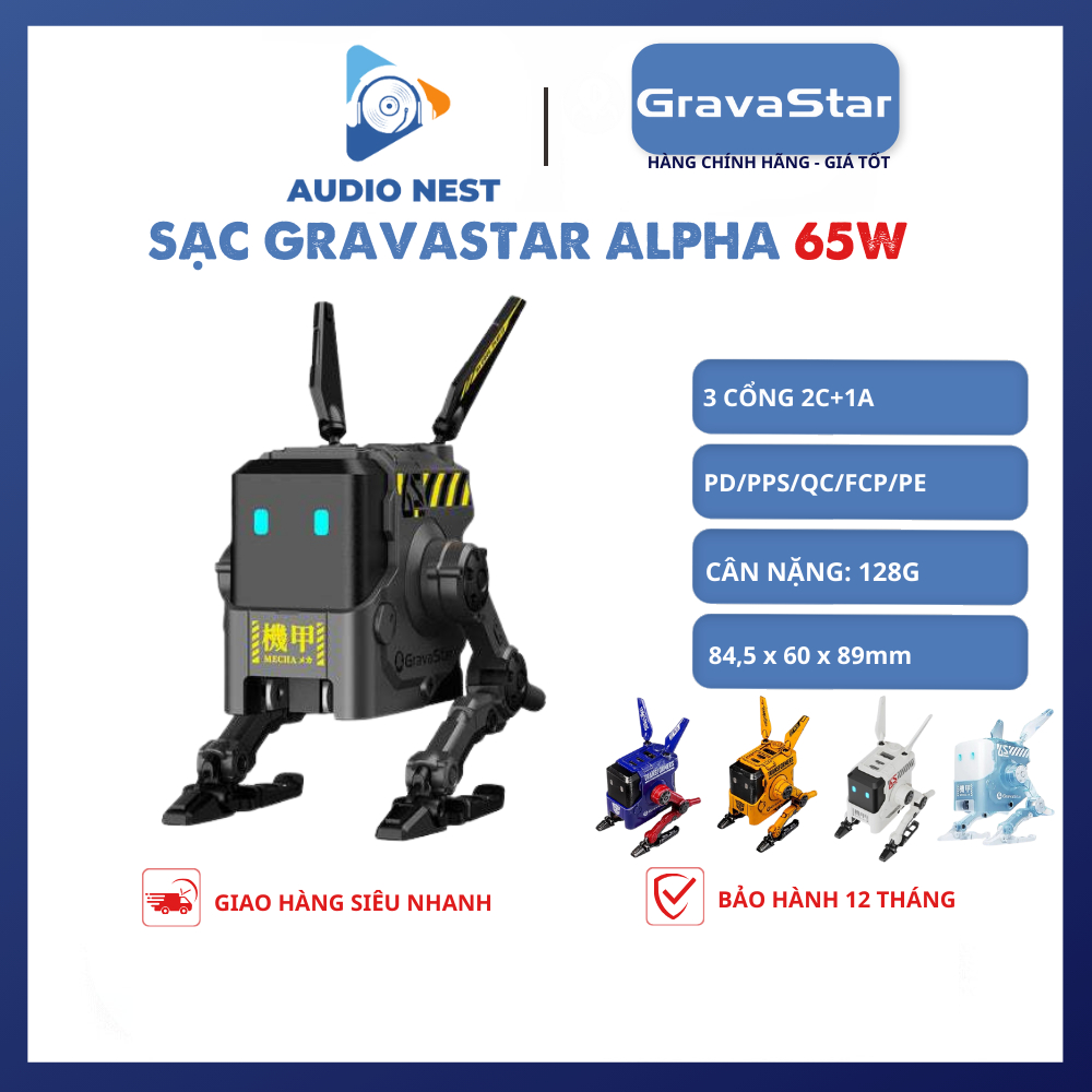 Củ Sạc GravaStar Alpha A65 65W siêu xịn (Alpha65 fast charger) Cổng 2C1A hỗ trợ PD/PPS/QC/FCP/PE - Bảo hành 6 Tháng