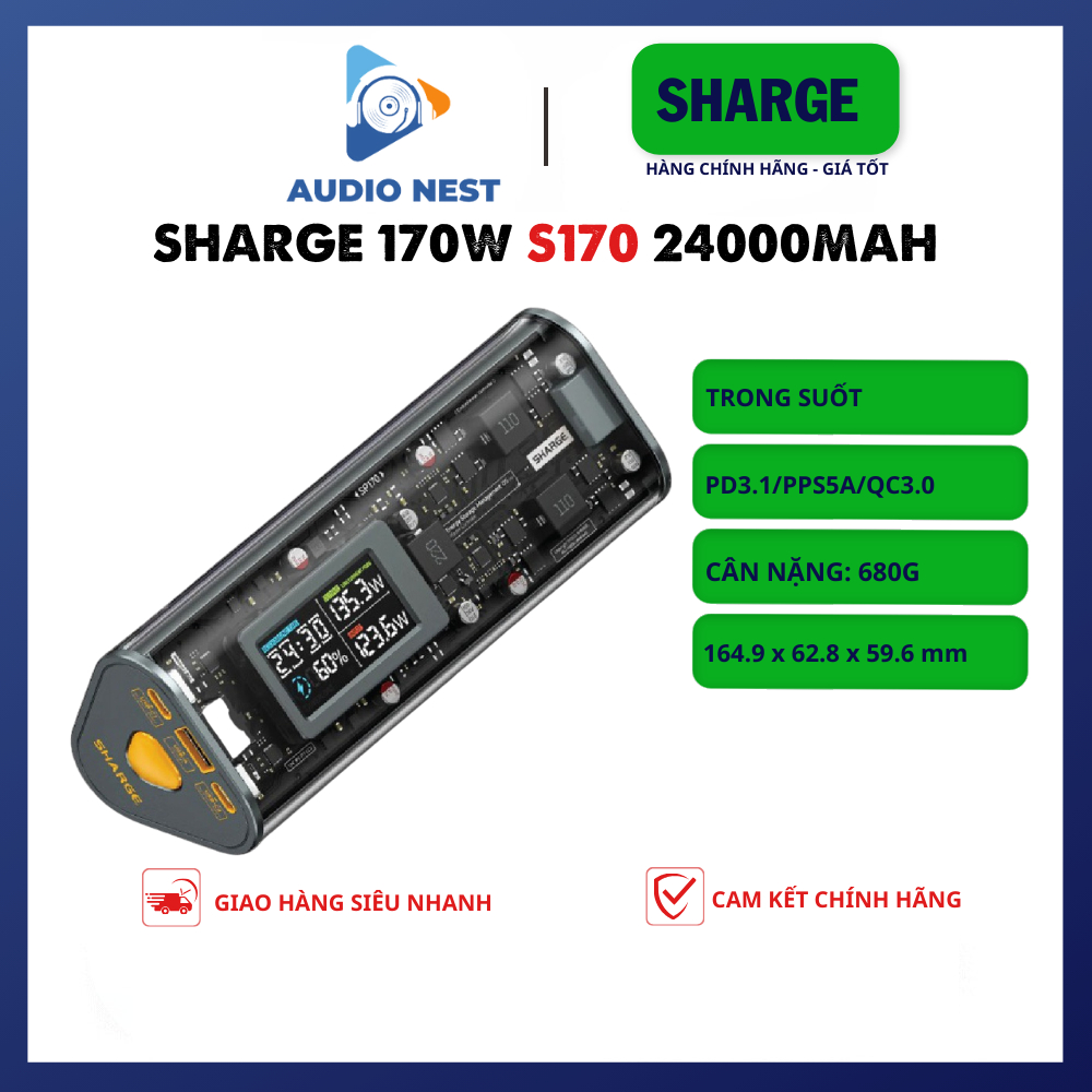 Sạc dự phòng Sharge 24000mAh 170W S170 3 Cổng PD3.1 PPS5A - Bảo Hành 6T Chính hãng
