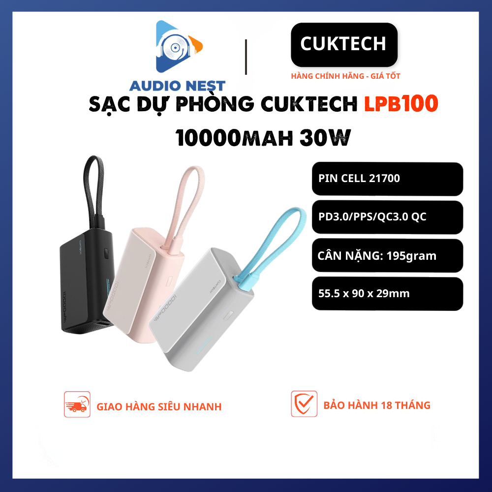 Sạc Dự Phòng Cuktech 10000mAh LPB100 1C1A 33w PD3.0/PPS/QC3.0 - Bảo Hành 18 Tháng