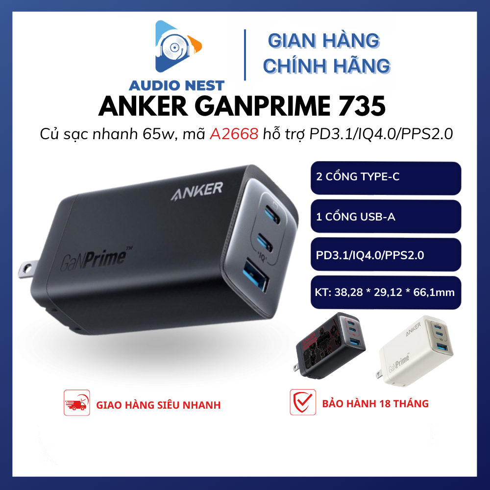 Củ Sạc Anker 735 65w A2668 Hỗtrợ PD3.1/IQ4.0/PPS2.0 Gan Prime Bản Transformer xịn 2C+1A - Bảo Hành 18 Tháng.
