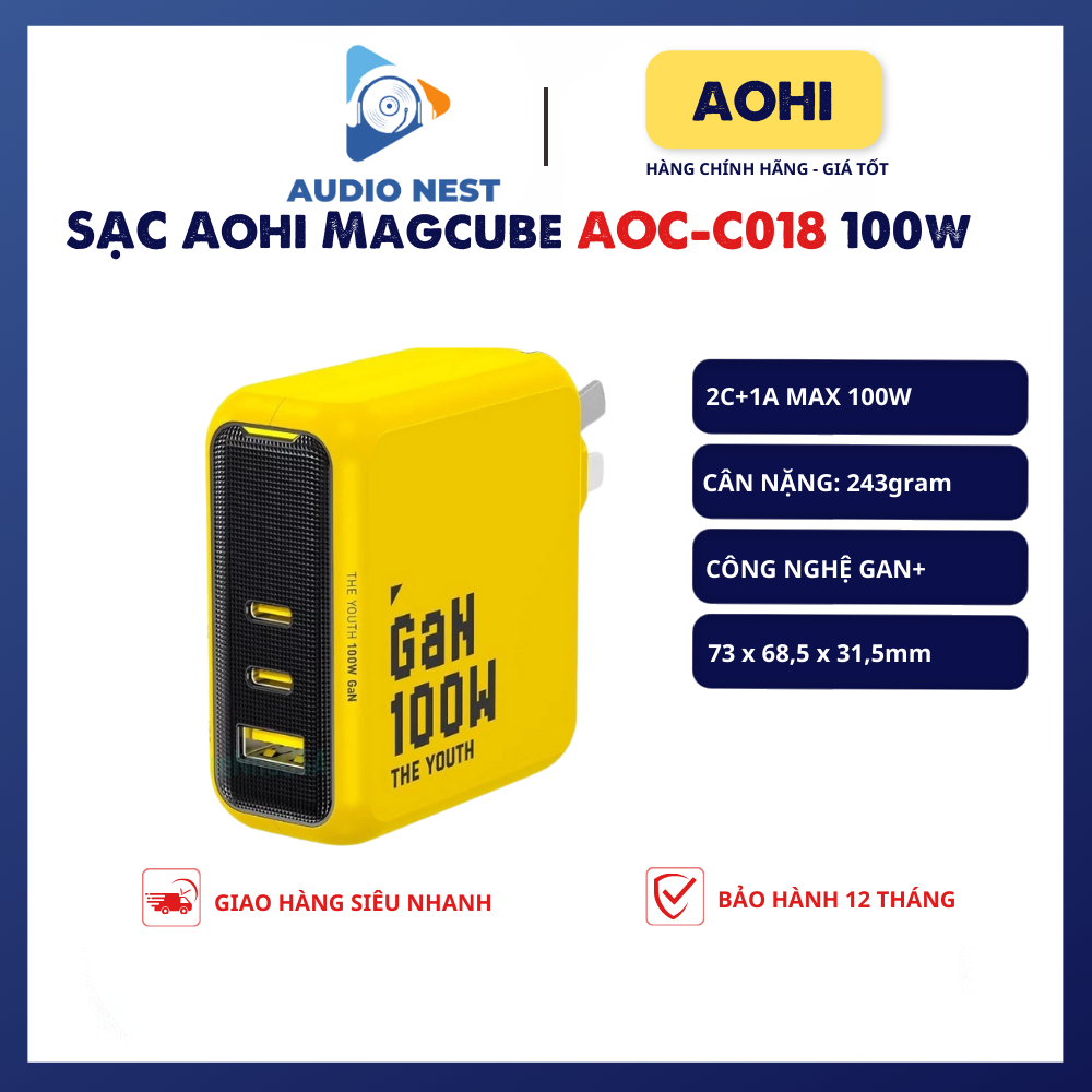 Củ Sạc Aohi The Youth 100W 3 Cổng (AOC C018) Hỗ Trợ PD/PPS/QC4 - Bảo Hành 12 Tháng
