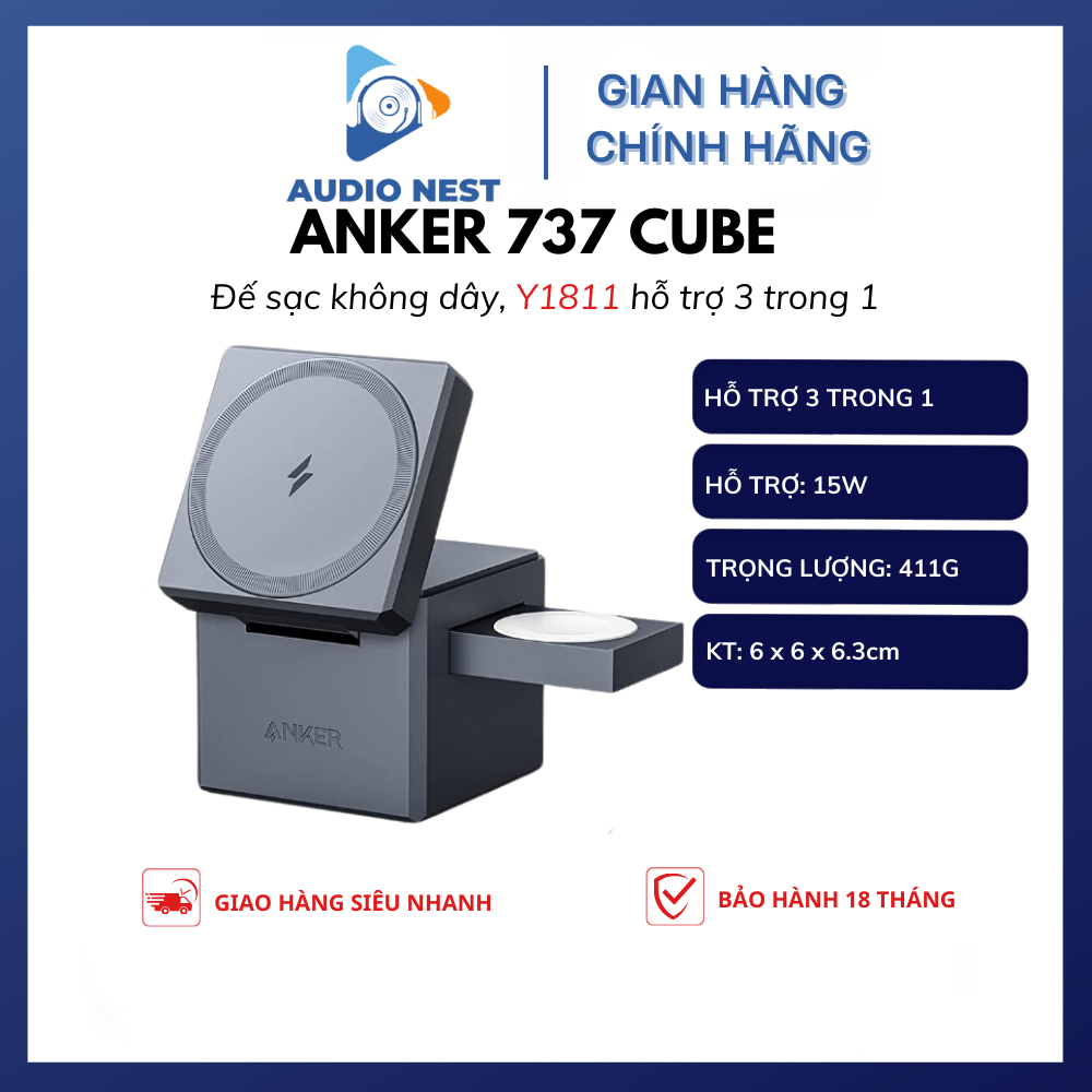 Đế sạc không dây Anker Y1811 737 Cube (3 trong 1) sạc tối đa 15W - Bảo hành 18 tháng.