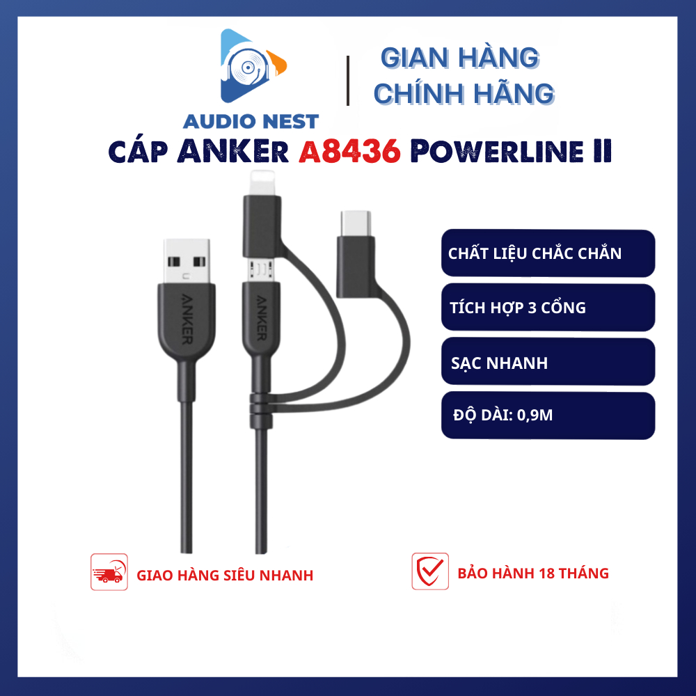 Cáp tích hợp 3 Cổng Anker A8436 PowerLine ll Cáp sạc Micro USB 3 trong 1 USB-A sang USB-C với MFI - Bảo hành 18 tháng