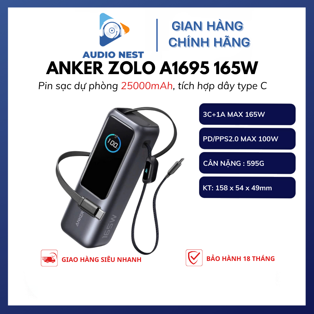 Sạc Dự Phòng Anker Zolo 25000mAh 165W Tích Hợp Cáp Rút Gọn A1695 - Bảo Hành 18 Tháng